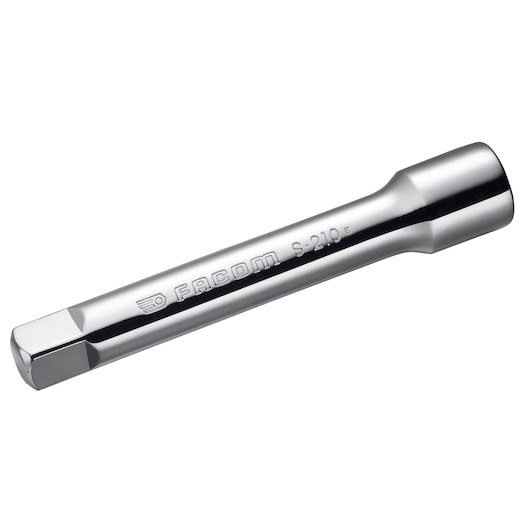 Facom S_210 chrome extension bar, hexagonal, photography, side angle on white background.