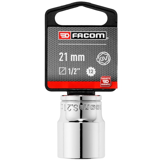 Facom 21 mm chrome socket, S_21PB, front view on white background, with black and red Facom packaging tag.