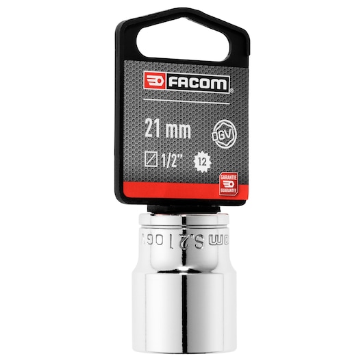 Facom S_21PB 21 mm chrome socket with retail tag, product shown front view on white background.
