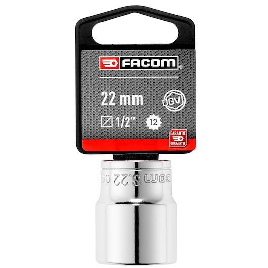 Facom 22 mm 1/2 inch 12-point socket, SKU SOCKET__1/2_12PT_21MM, chrome finish, front angle on white background.