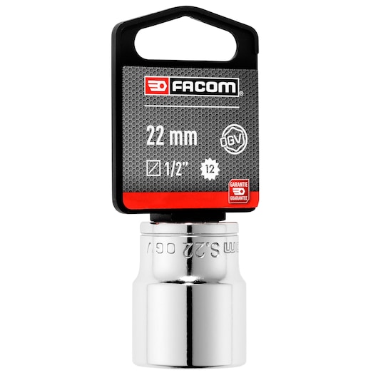 Facom 22mm 1/2-inch 12-point socket SKU SOCKET__1/2_12PT_21MM, chrome finish, front view on white background.