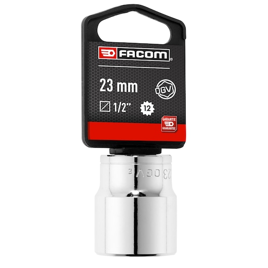 Photo of Facom 23 mm socket S_23PB, chrome finish, vertical front view on white background.