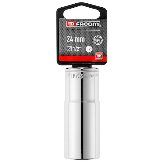 Facom 24 mm 1/2 inch deep 12-point socket, chrome finish, SKU SOCKET_1/2_DEEP_12PT_24MM, front angle.