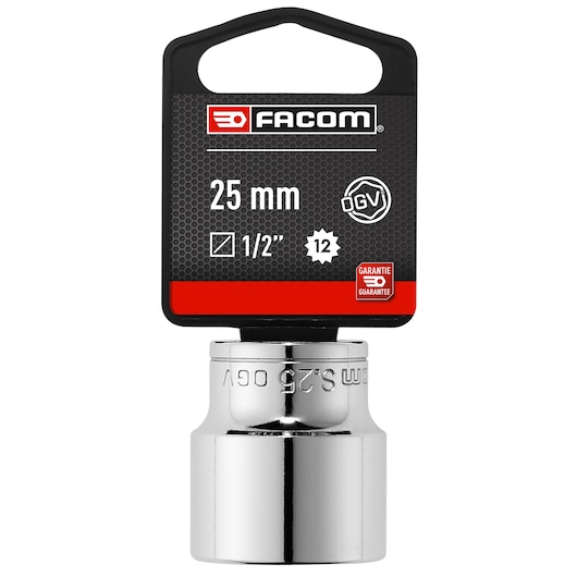 Facom 25 mm chrome socket S_25PB 1/2 inch drive, front angle on white background.