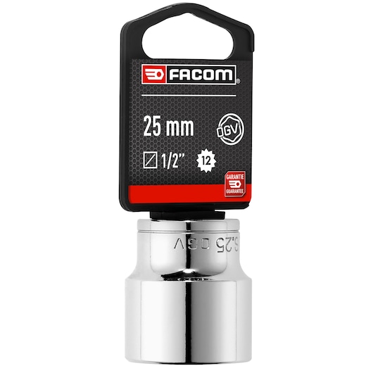 Facom 25 mm socket S_25PB, chrome finish, 1/2 inch drive, shown upright with front packaging, studio angle.