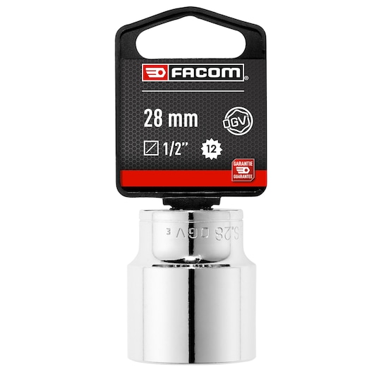 Facom 28mm 1/2 inch 12-point socket SOCKET_1/2_12PT_28MM, chrome finish, front angle on white background.