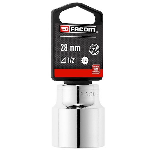 Photo of Facom 28mm 1/2 inch 12-point socket, SKU SOCKET_1/2_12PT_28MM, chrome finish, front view on white.
