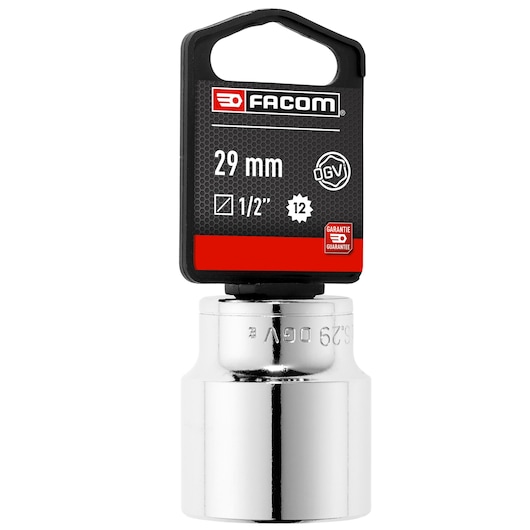 Photo of Facom 29 mm 1/2'' 12-point chrome socket S_29PB, upright angle, with branded black and red label.