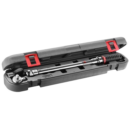 A Facom torque wrench stored in a sturdy black plastic case with red latches. The wrench has a sleek silver finish and a black grip.