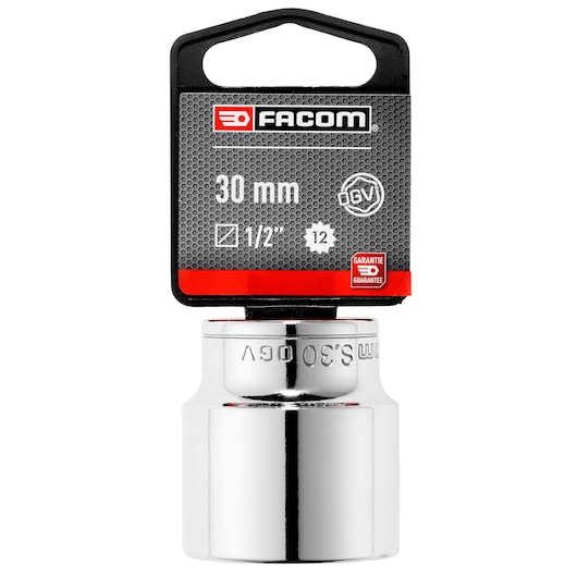 Facom S_30PB 30 mm chrome socket, 1/2 inch drive, front view on white background.