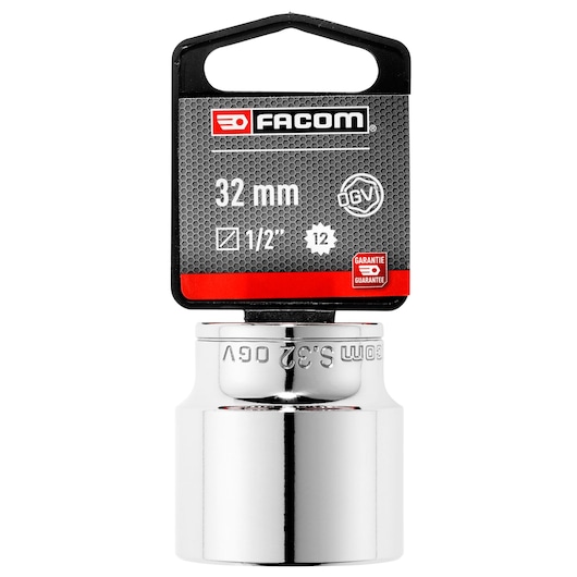 Facom 32mm 1/2 inch 12-point socket, SKU SOCKET__1/2_12PT_32MM, chrome finish, front view on white background.