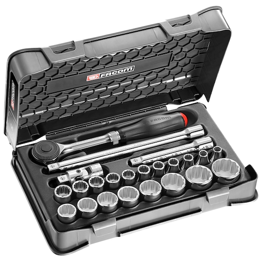 Facom S_360-3P12 socket wrench set in black plastic case, angled view shows tools and multiple sockets.