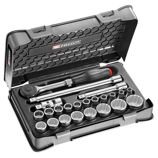 Facom S_360-3P12 socket and ratchet set in black case, includes various sockets and accessories, front angle.
