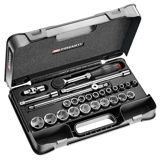 Facom S_360-4P6 socket wrench set in black plastic case, photographed front angle, showing tools and sockets.
