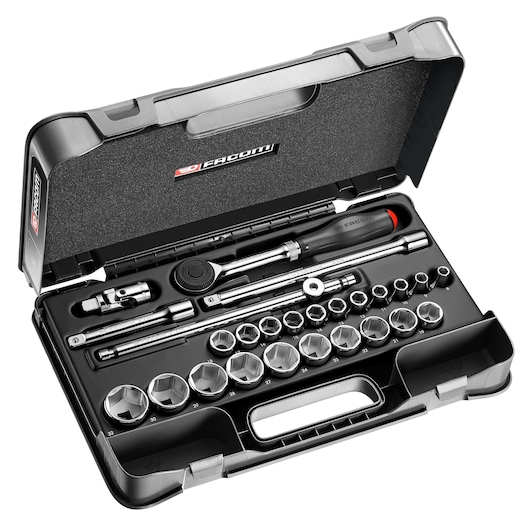 Facom S_360-4P6 socket set in black hard case, photo from top angle showing sockets and ratchet tool.