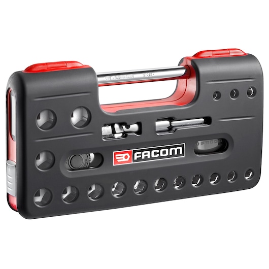 Facom S_360DBOX1 black and red socket set case, front angle, showing sockets and tools.