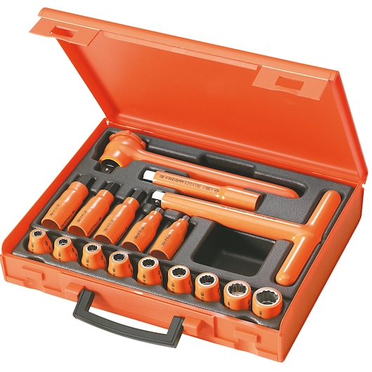 Facom S_401AVSE orange insulated socket and ratchet set in an open case, top angle.