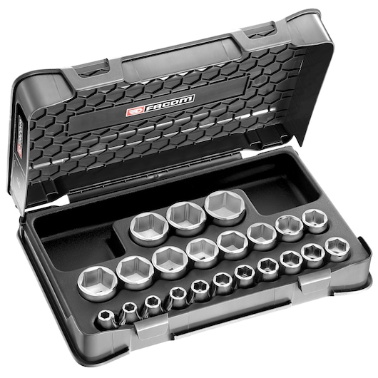 Facom socket set S_401B in black plastic case, top view with array of hex sockets organized inside.