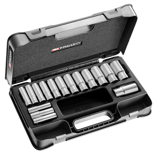 Facom S_404AE socket set in black case, shown from angled top view with silver sockets organized inside.