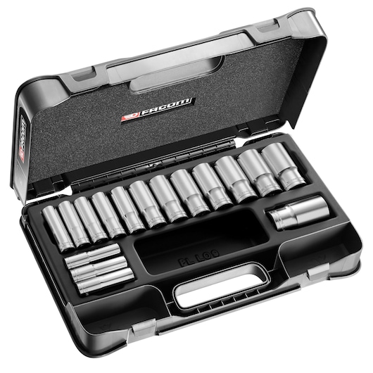 Facom S_405AE socket set in black plastic case, angled view showing metal sockets arranged inside.