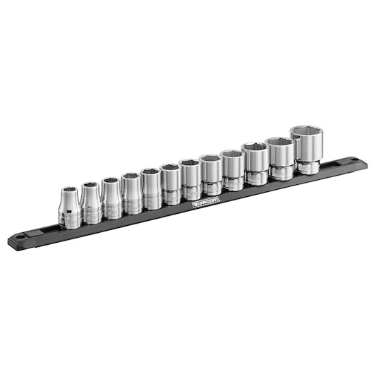 Facom S.40EGRPPB chrome socket set on black rail, photography, side angle, tool category.