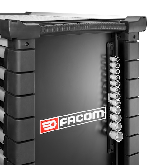 Photo of Facom S.40EGRPPB black tool cabinet side with socket holder and visible Facom logo, front angle.