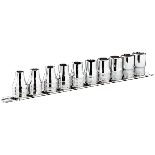 Facom S_41E chrome socket set with rail, side angle, ten sockets arranged in a row