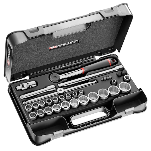 Facom S_446ADP socket wrench set with ratchet and sockets in black plastic carrying case, top angle.