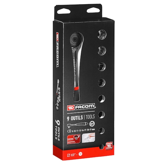 Front angle photo of Facom S_4JE9PB ratchet wrench set packaging, black box with red label, 9 tools visible.