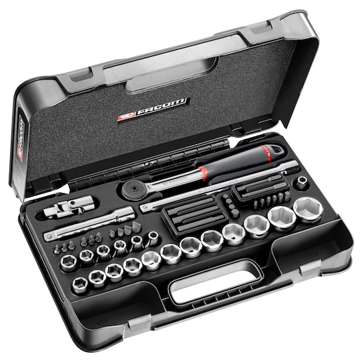 Facom S_851 socket and bit set with ratchet, assorted sockets, bits, and extensions in black hard case, top angle.
