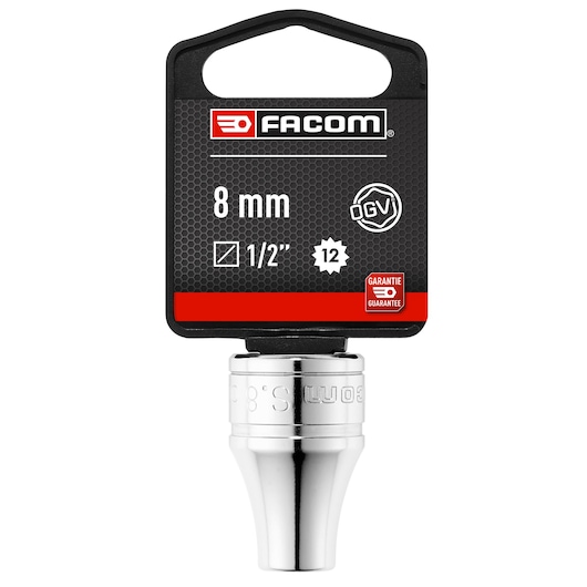 Facom 8 mm socket, SKU S8PB, chrome finish, 1/2 inch drive, front angle on white background.