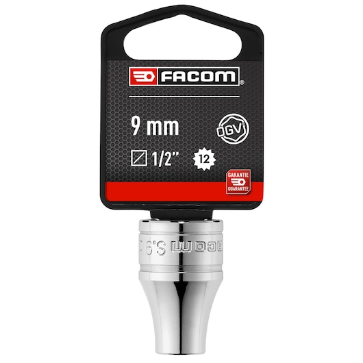 Facom 9 mm 1/2 inch drive chrome socket S_9PB, front view on white background.