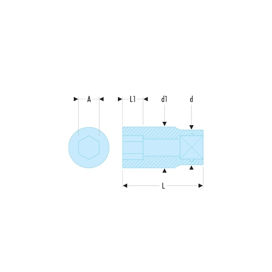 Facom S_10H graphics diagram showing technical measurements of hexagonal socket part, side and front view.