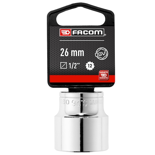 Facom S_26PB 26 mm chrome socket, 1/2 inch drive, photo on white background, front angle.