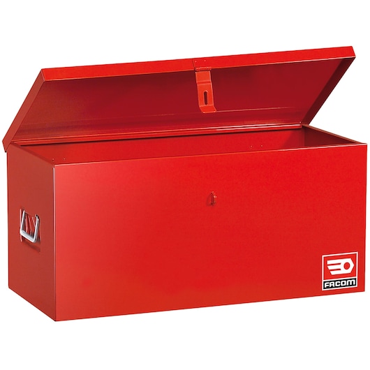 Facom SCM.850 red metal storage chest with open lid and side handles, front angle, photography.