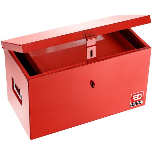 Facom SCM.850 red metal toolbox with open lid, side handles, and front logo, angled on white background.
