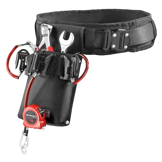 Facom SH-BAG1SLS tool belt with black pouch, safety lanyards, and attached wrench, pliers, and tape measure, front angle.