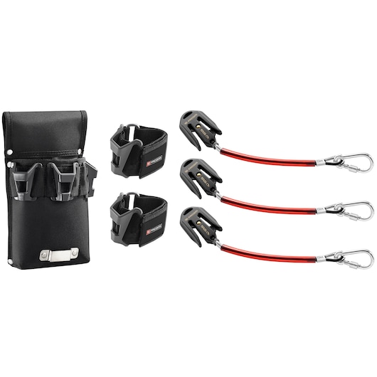 Facom SH-SETSLS tool tethering kit with black pouch, wrist straps, and red lanyards, white background.