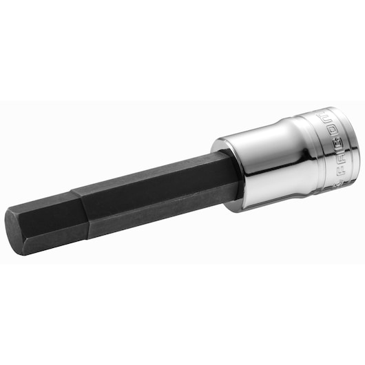 Facom hex bit socket with chrome finish, angled view, SKU SHP_6LA, photography product category.