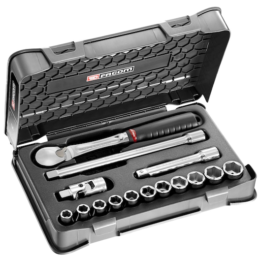 Facom SL_161-1P6U socket wrench set with ratchet, extensions, and sockets in an open black case, front angle.