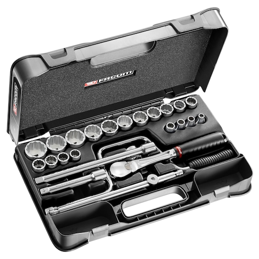 Facom socket wrench set SL_161-3P12U in black hard case, assorted sockets, ratchet, and accessories, angled view.