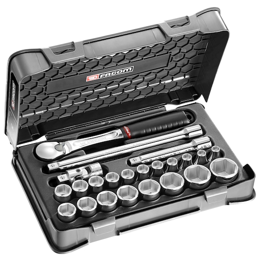 Facom SL_161-3P6 socket wrench set in black hard case, includes ratchet, extension bars, and multiple sockets, angled view.