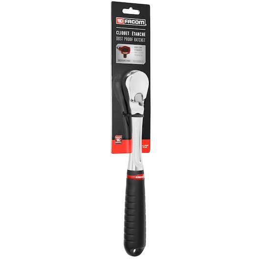 Facom SL_161PB dust proof ratchet with black and red ergonomic handle, packaged, front angle.