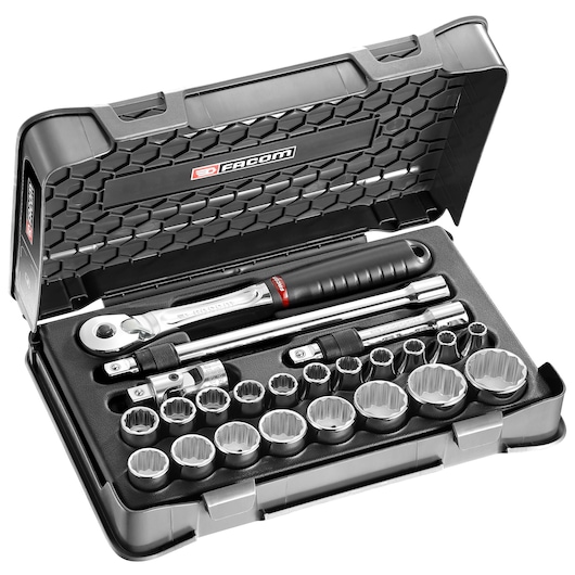 Facom socket wrench set in black plastic case, featuring SL_171-3P12, open angle showing multiple sockets and ratchet.