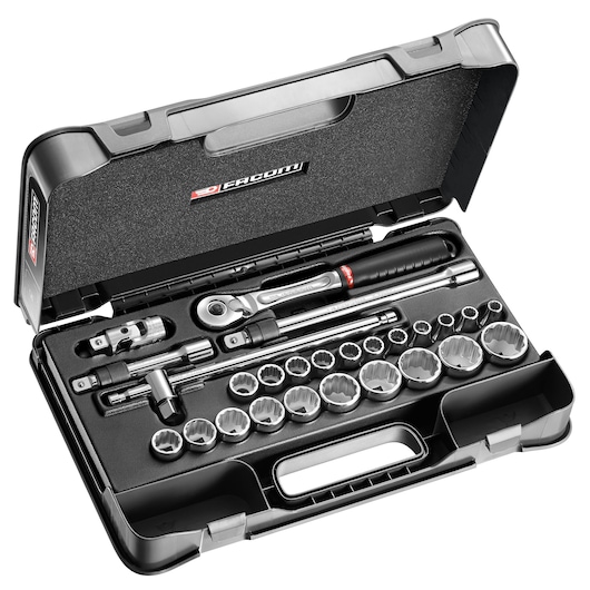Facom SL_171-4P12 socket wrench set in black carrying case, top angle, arranged sockets and accessories.
