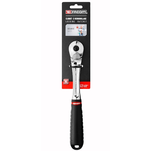Photo of Facom SL.171PB locking ratchet with black and silver handle, packaged upright on a white background.
