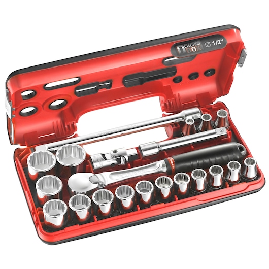 Facom SL.DBOX112PB socket set with ratchet, extensions, and sockets in a red plastic case, angled view.