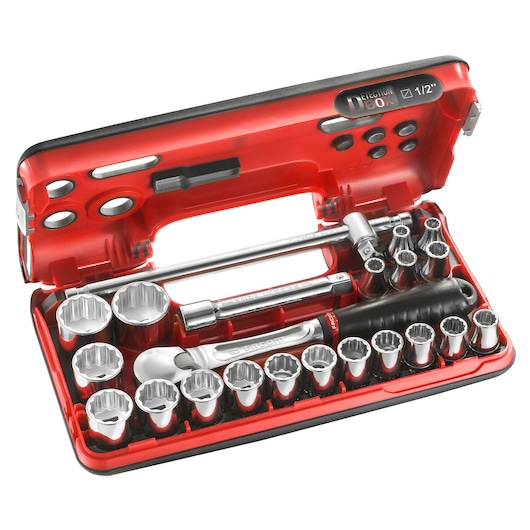 Facom SL_DBOX412 socket wrench set with ratchet handle and sockets, organized in open red plastic case, angled view.