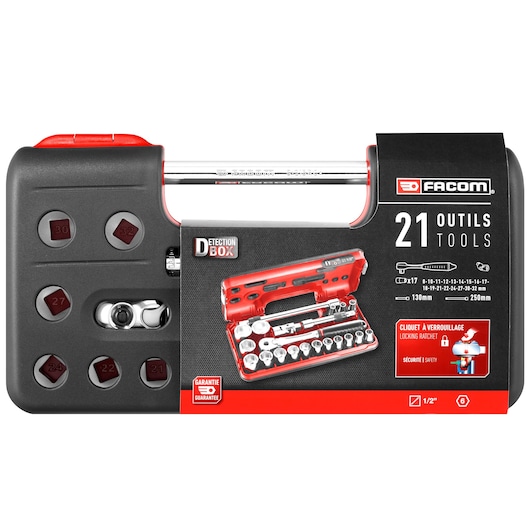 Facom SL.DBOX500PB socket set, 21 tools, black and red hard case, front angle on white background.