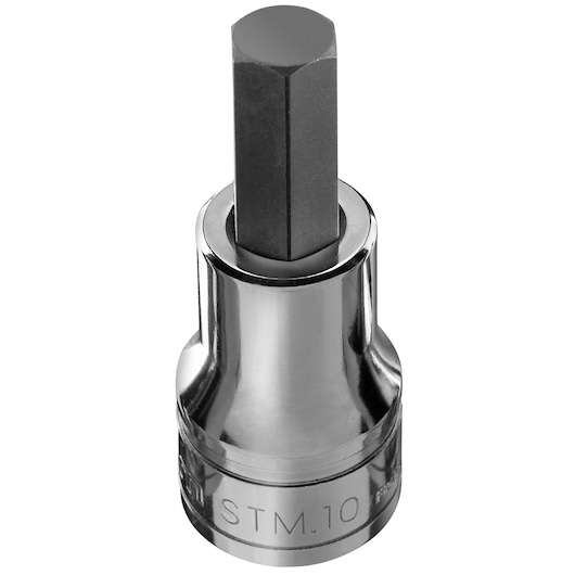 Photo of Facom STM_10 hex socket bit with chrome finish, upright angle on white background.